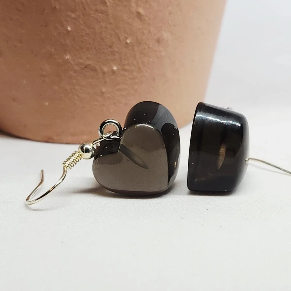 Handmade Black Jelly Translucent Heart Dangle Drop Earrings‎ 1-1/2